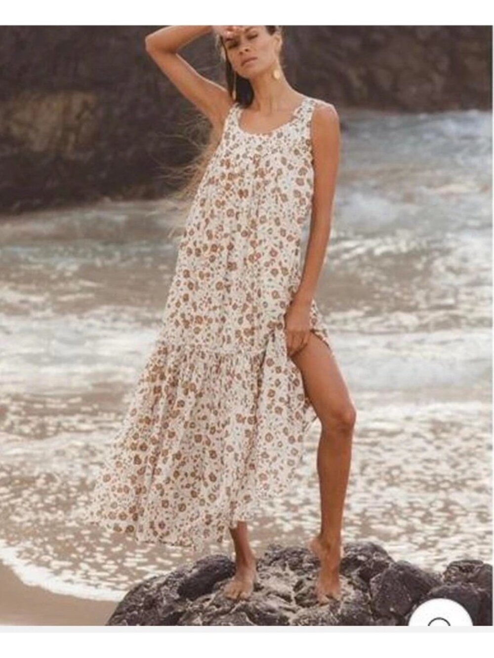 Daughters Of India Lopa Small Tiered Maxi Dress Brown Floral Print 100% Cotton